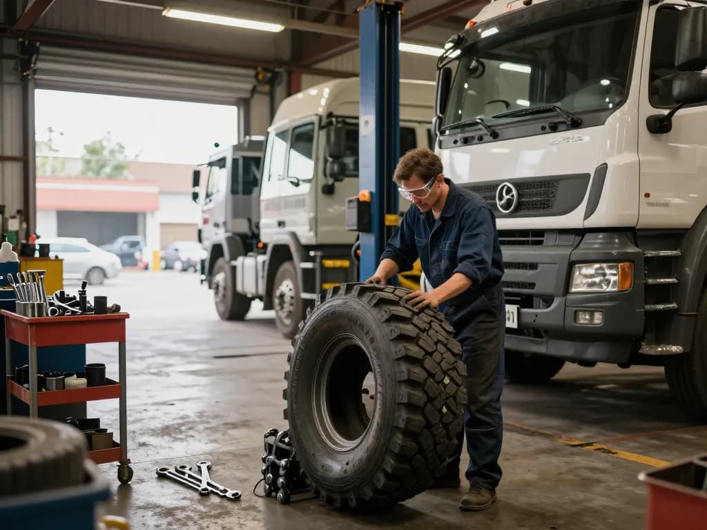 Mechanic inspecting the Double Coin RR99 tire in a well-equipped garage.