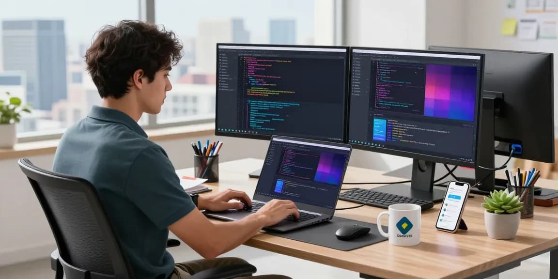 WPS Download tutorial with modern workspace showcasing coding and tech applications