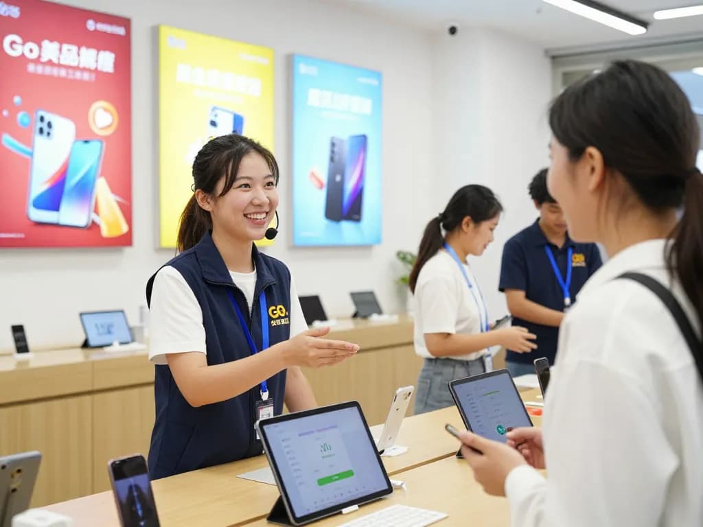Engaging telecommunications service scene showcasing Go 99 data promotions with smiling representatives and customers.