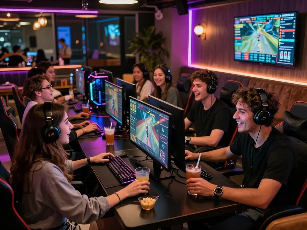 A lively gaming scene with friends enjoying competitive play at https://rikviprent.com, showcasing high-end PCs and vibrant atmosphere.