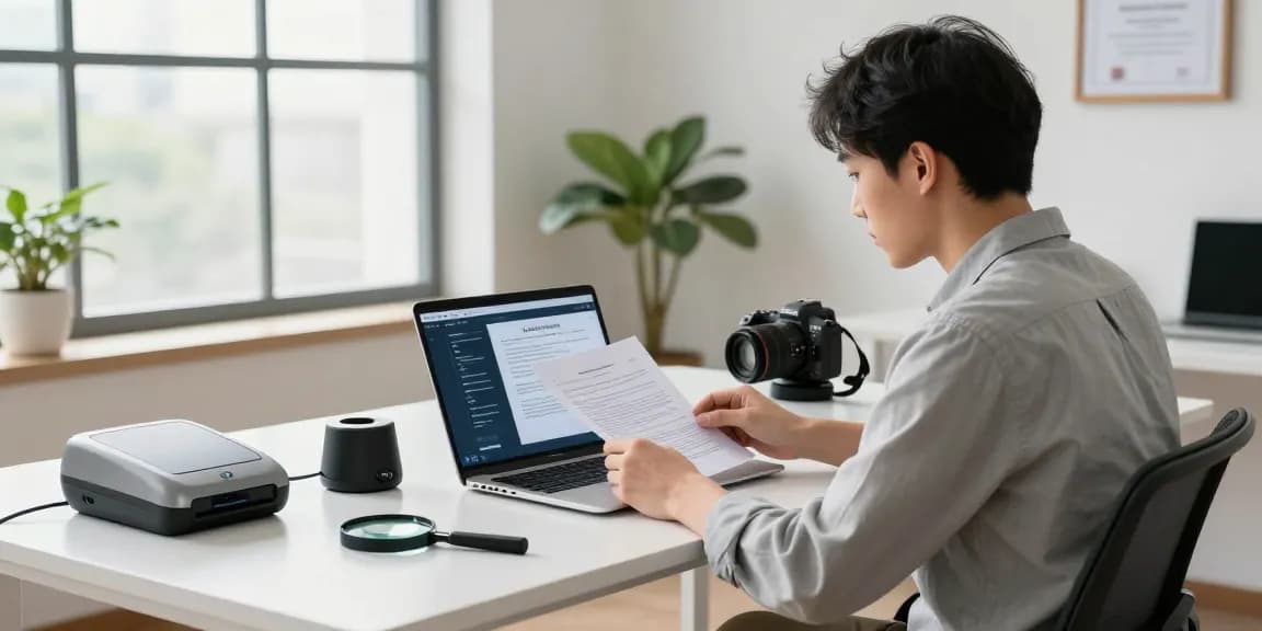 Professional analyzing document fraud detection tools on a laptop in a modern office setting