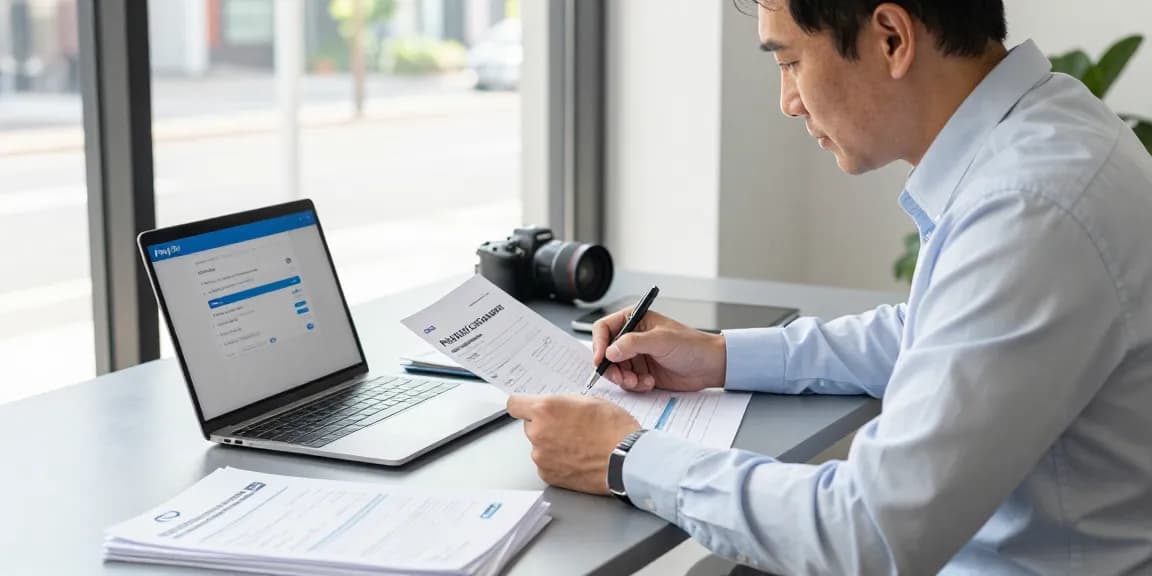 Small business owner considering a PayPal merchant cash advance while reviewing financial documents at a modern desk.