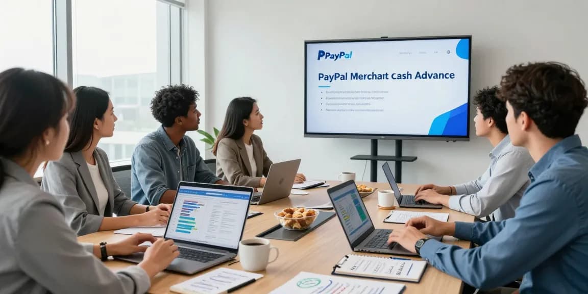 Team discussing PayPal merchant cash advance benefits in a modern office.