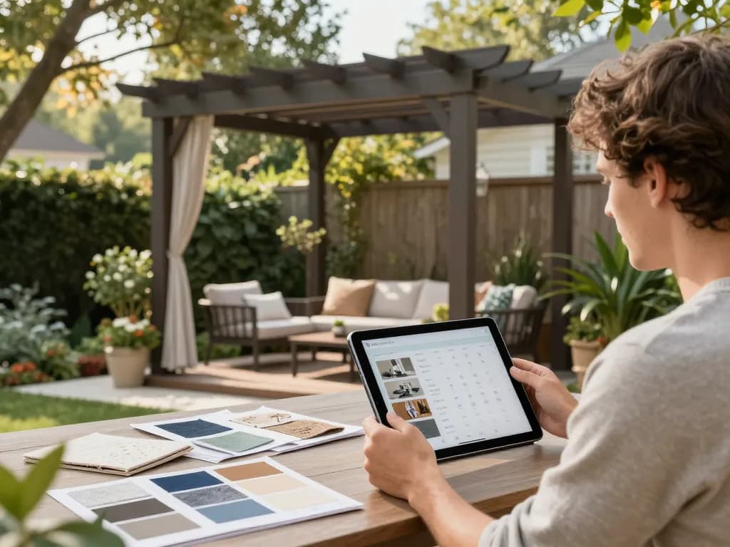 Configuratore pergole con preventivo in azione mentre un proprietario di casa progetta una pergola personalizzata in un bellissimo giardino utilizzando strumenti digitali.