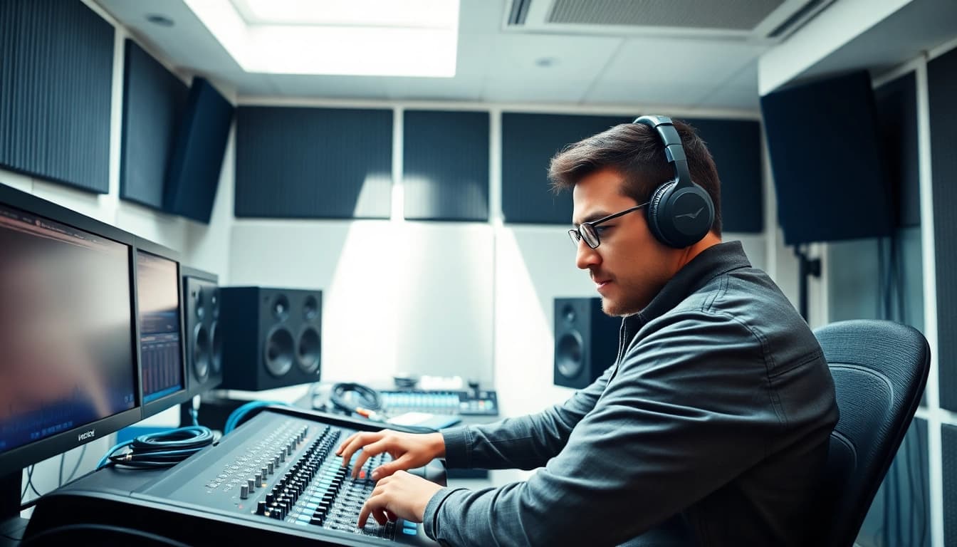Enhance your tracks with online audio mastering in a high-tech studio setting.