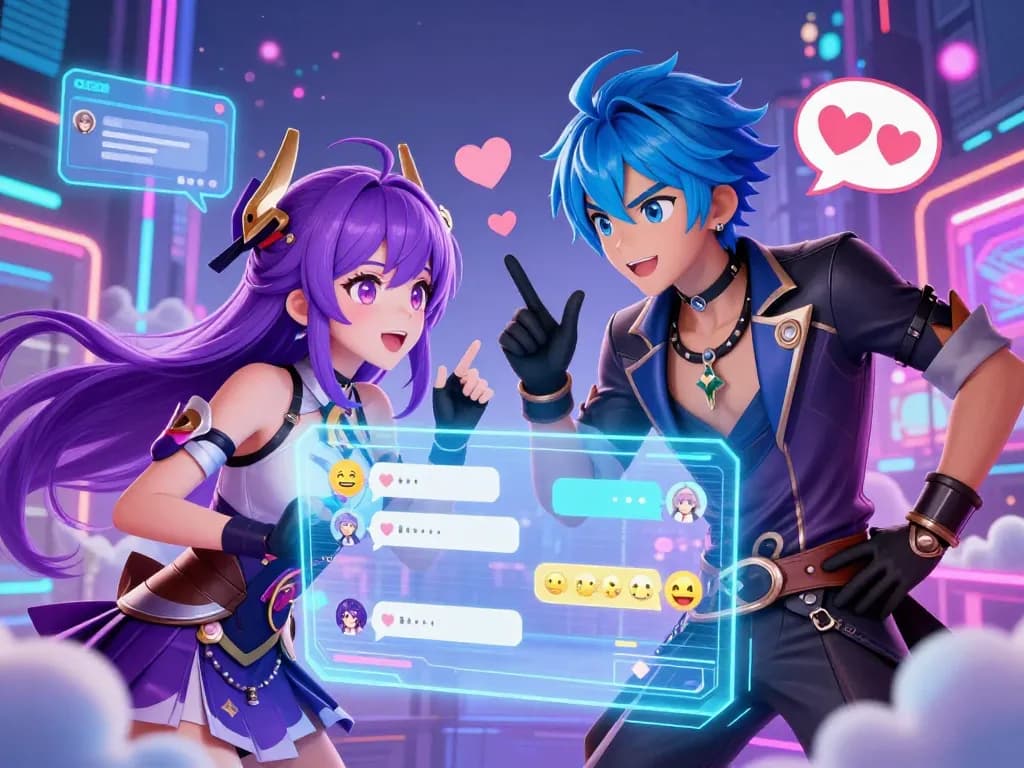 Engaging anime characters in a vibrant hentai ai chat, showcasing playful conversation and dynamic digital atmosphere.