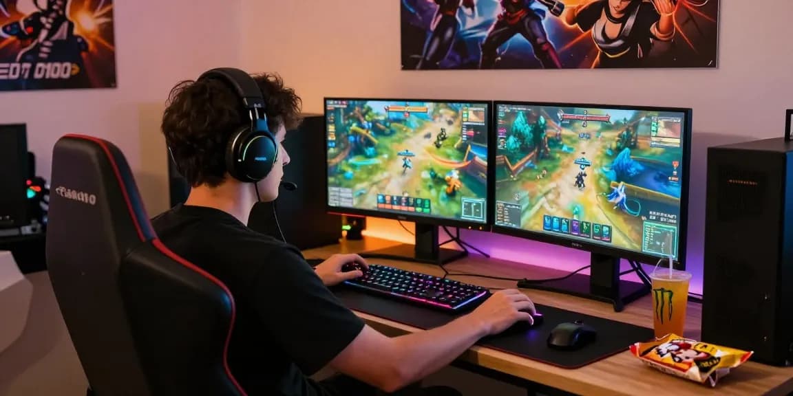 Player logged into rokok88 login during an intense gaming session at home with dual monitors and snacks.
