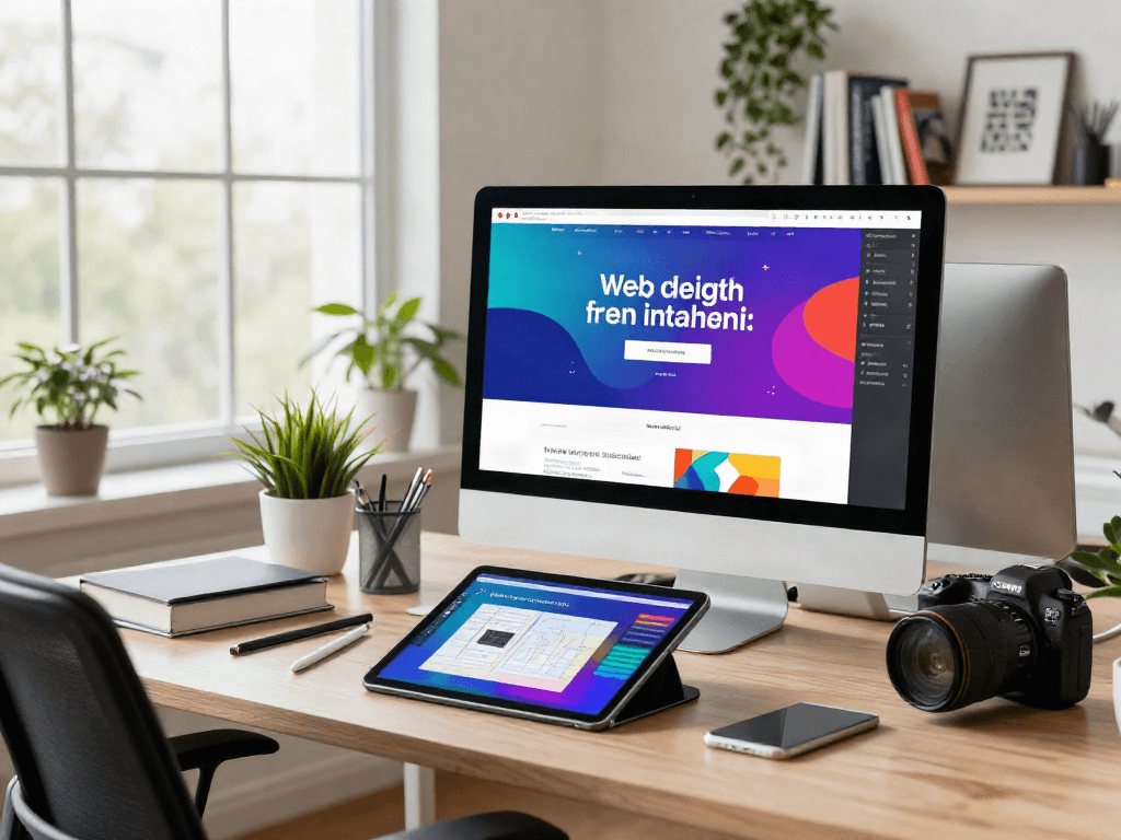 Sanumwebdesign, un designer in un moderno studio di web design mentre crea un layout accattivante.