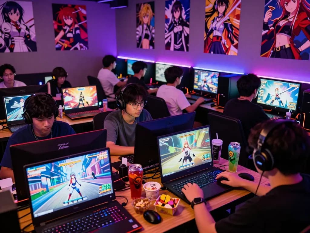 Exciting gaming lounge atmosphere with players enjoying anime porn game on laptops and colorful LED lights.