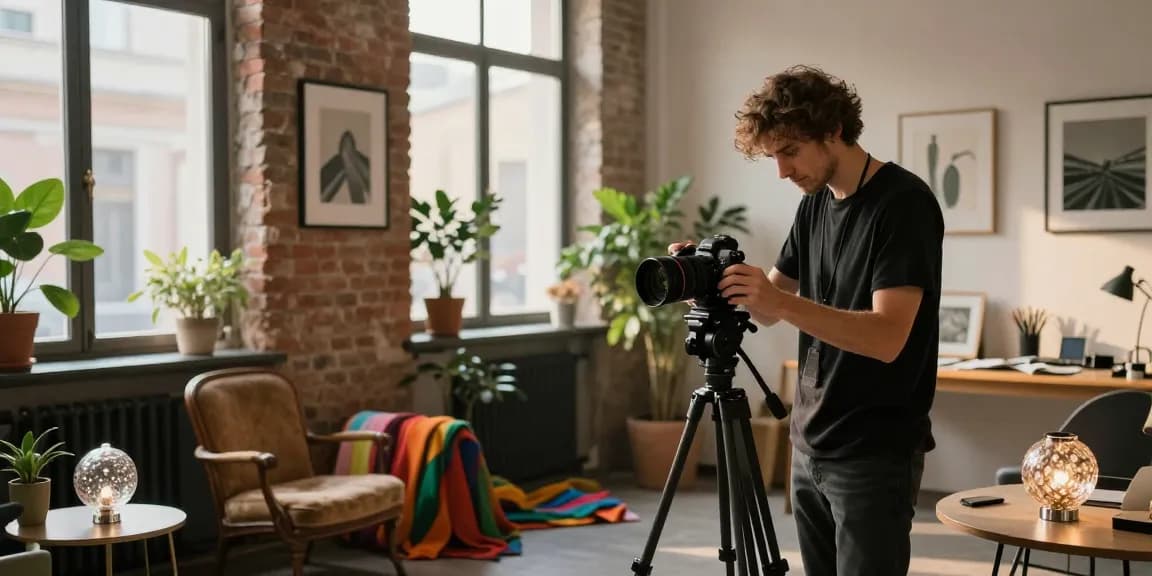 fotografo Milano in un ispiratore studio urbano con luce naturale e accessori creativi.