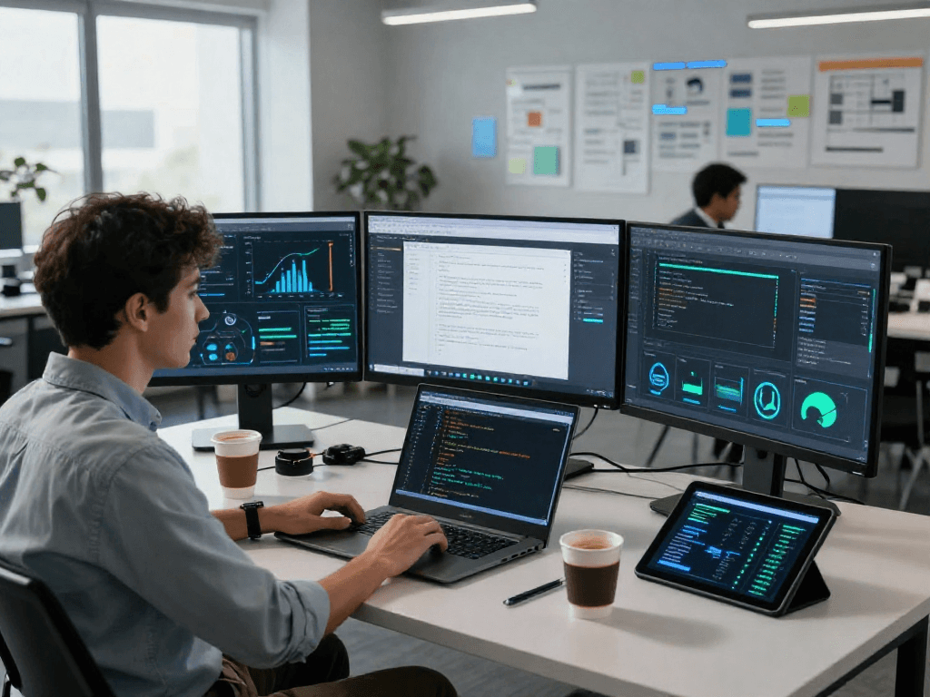 Focused analyst at modern desk using software for document fraud detection, showcasing tech workspace elements.