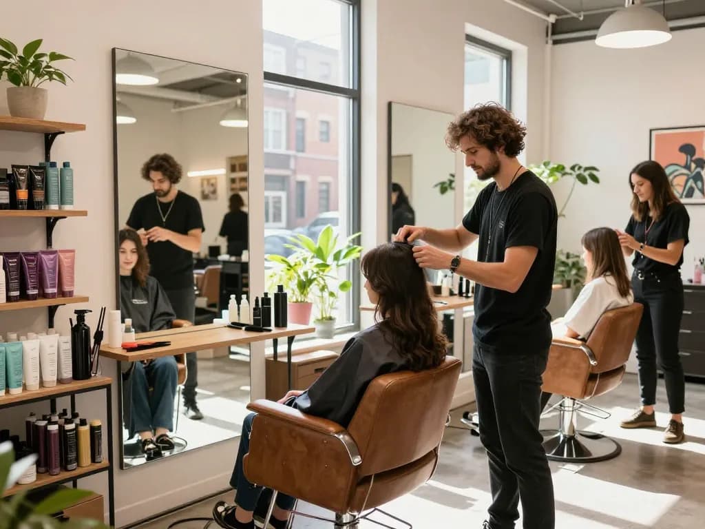 parrucchiere hairstylist che offre un taglio fresco in un vivace ambiente di salone