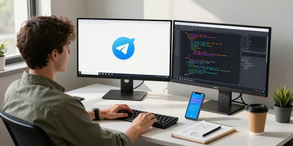 Download Telegram app displayed on dual monitors in a modern workspace, showcasing productivity and digital communication.