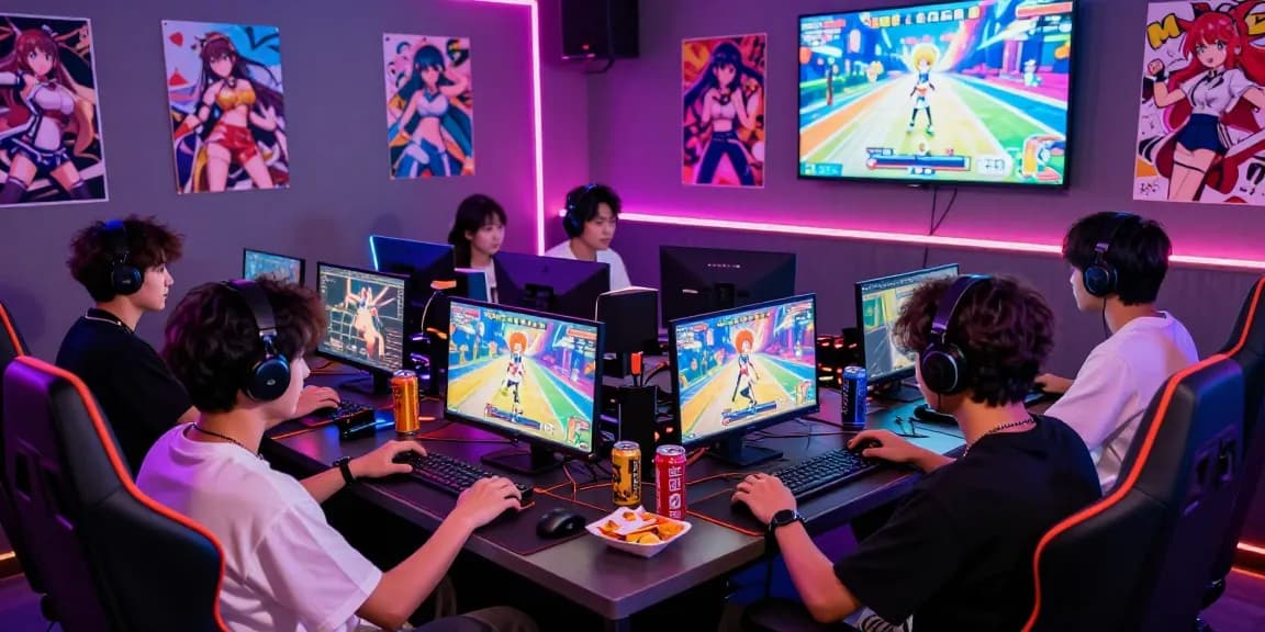 Friends enjoying a hentai game session with vibrant visuals and snacks in a gaming lounge.