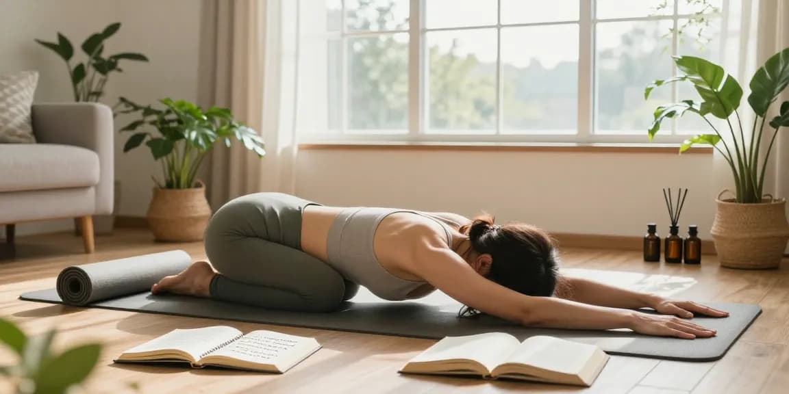 Relaxing wellness scene showcasing a woman practicing yoga, embodying the rokok88 lifestyle of tranquility and positivity