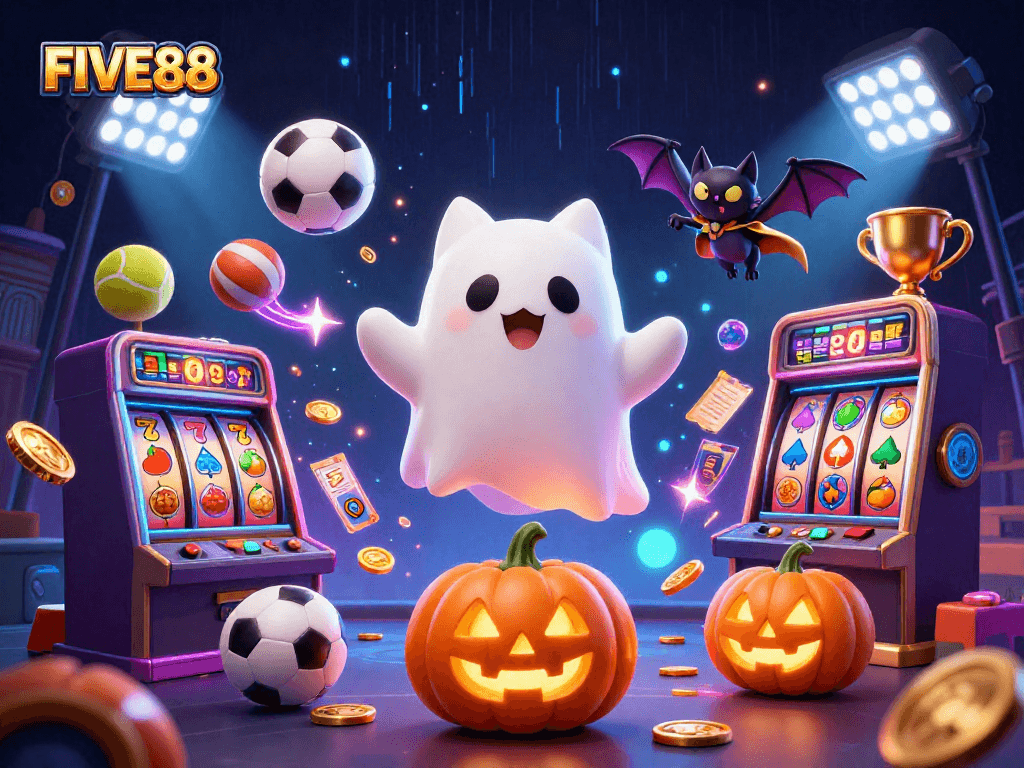 Engage with FIVE88's thrilling slot experience featuring a ghost cat in a haunted casino.