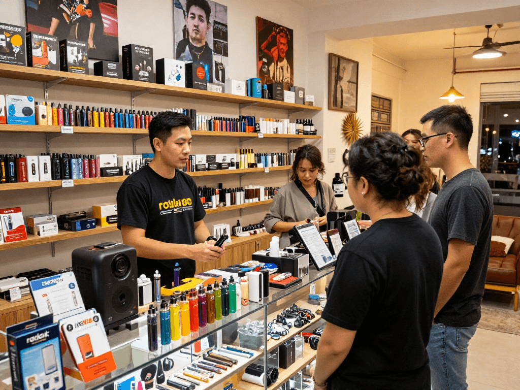 Customers exploring rokok88 super products in a vibrant smoke shop.