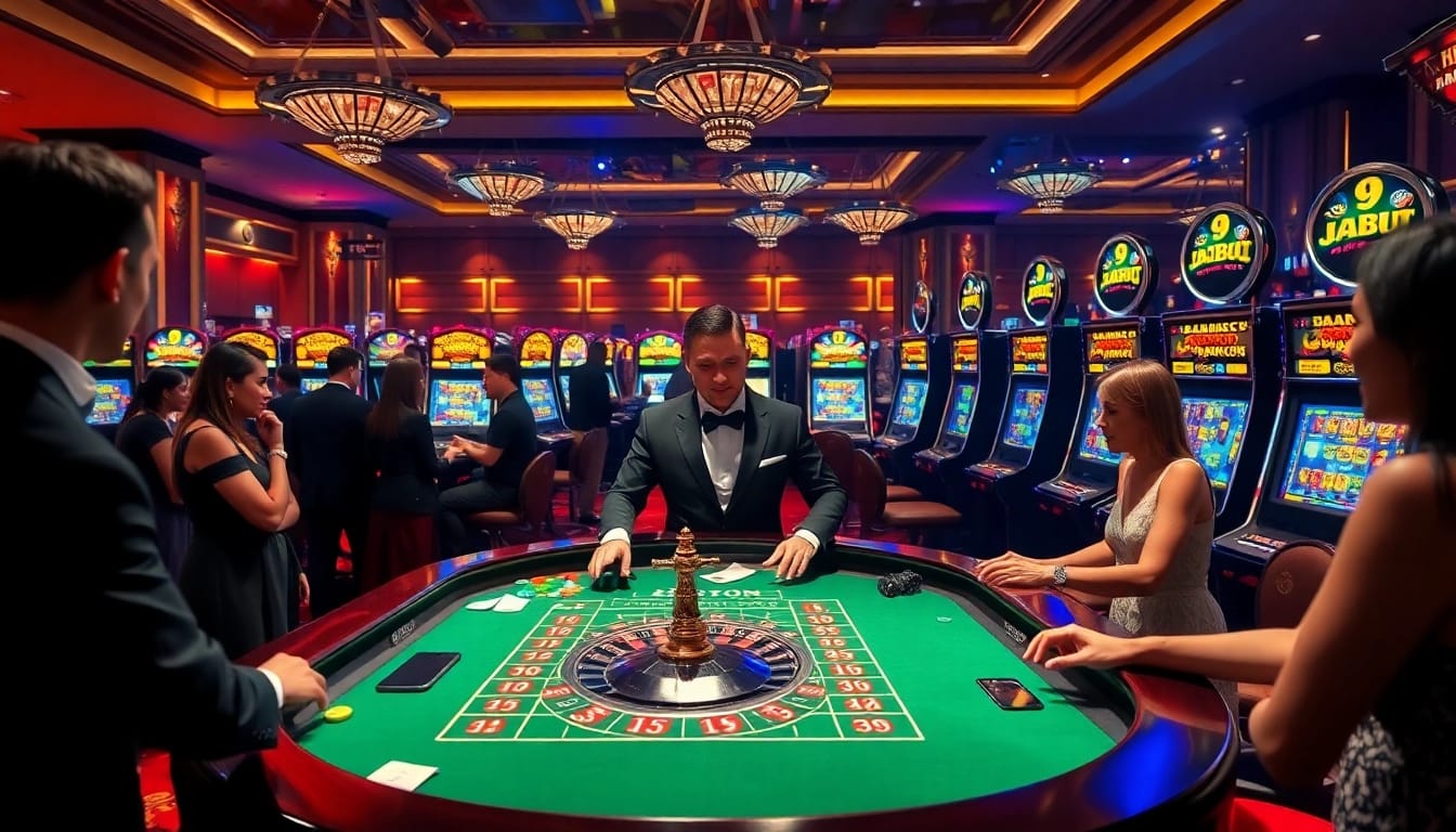 Players enjoying thrilling games at 9bet casino, featuring roulette and slot machines.