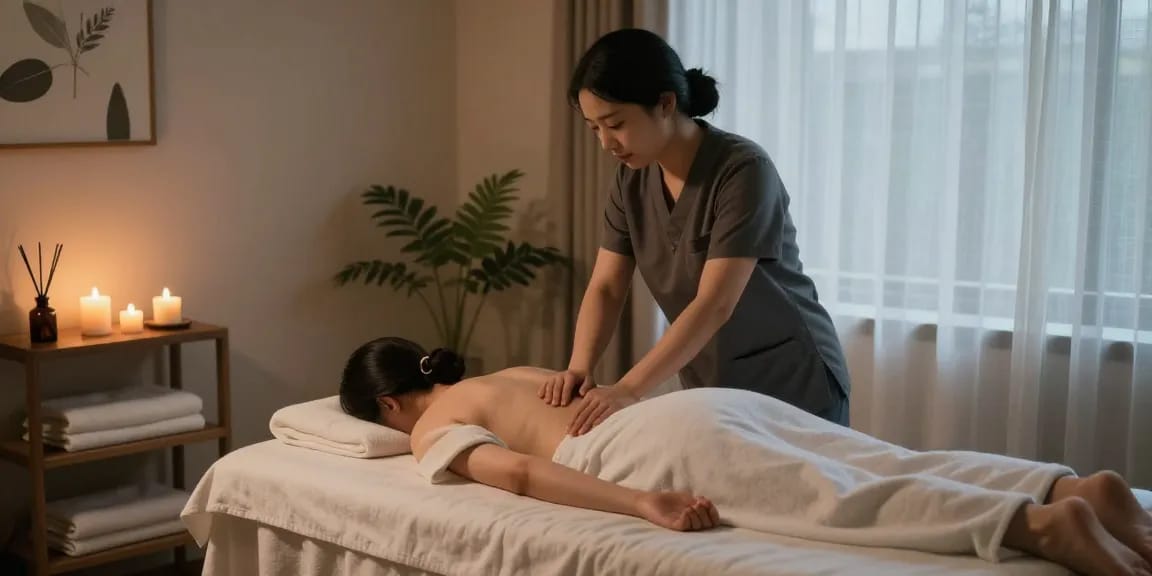 Relaxing 화성출장마사지 experience in a tranquil spa environment with soothing candles and ambient lighting.