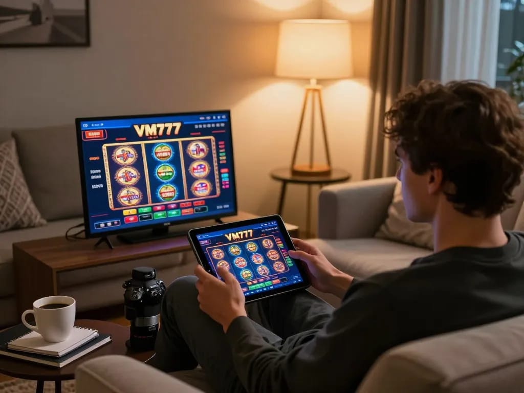 Menikmati pengalaman kasino VM777 dengan permainan tablet di suasana malam yang nyaman.