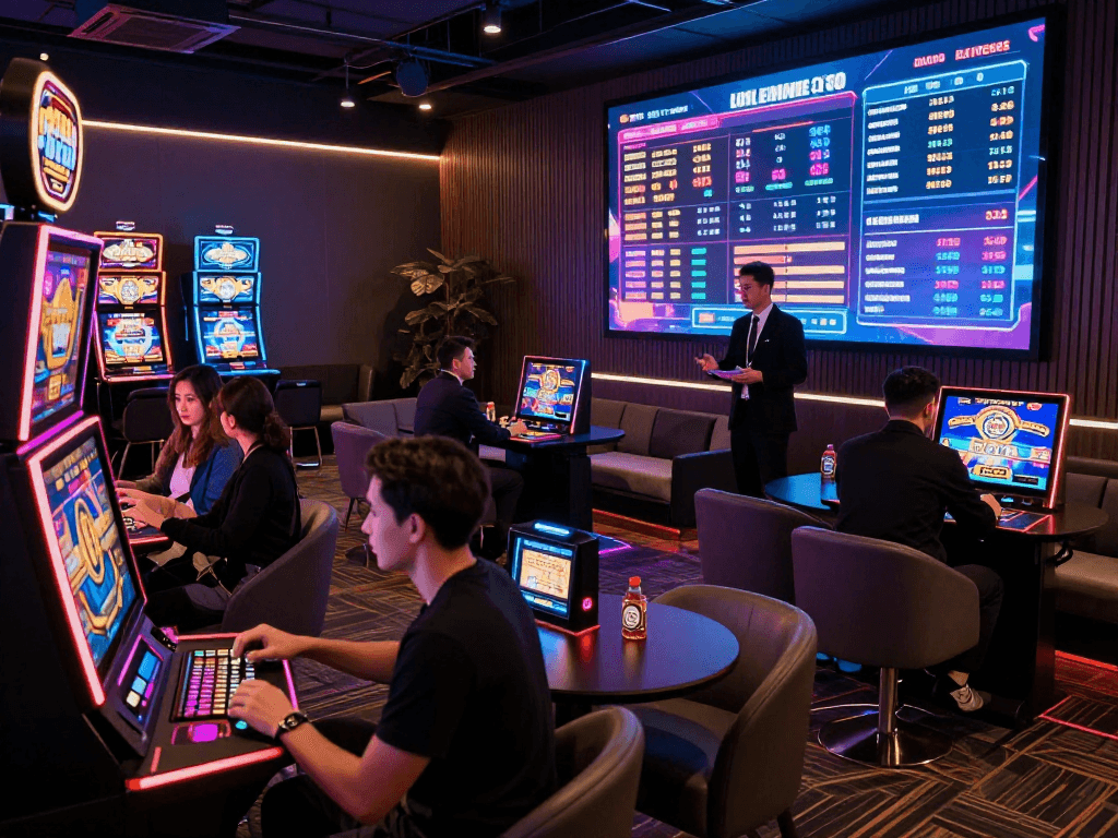 Exciting crypto casino environment with players at digital slot machines showcasing vibrant graphics and crypto earnings.