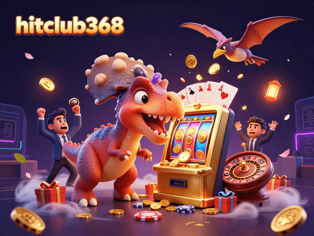 Win big at hitclub368 with a dazzling 3D casino scene featuring dinosaurs, slot machines, and coins.