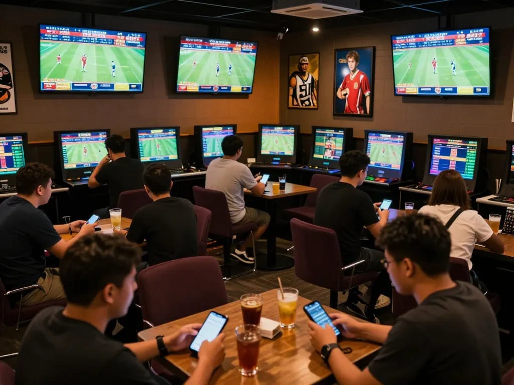 Betting enthusiasts engaging with sports action at ONE88's lively lounge, screens showcasing live odds.