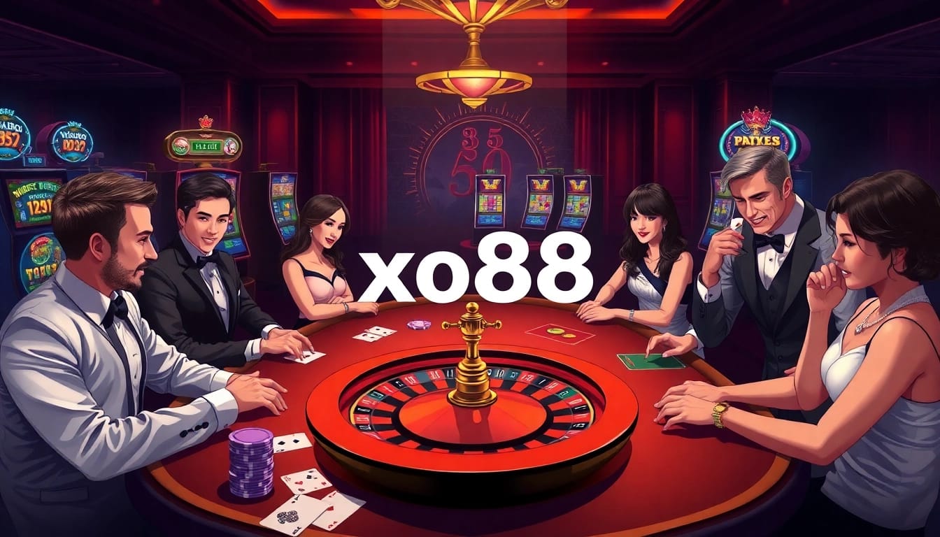 Experience the thrill of playing at xo88 with casino tables, vibrant slot machines, and colorful poker chips.