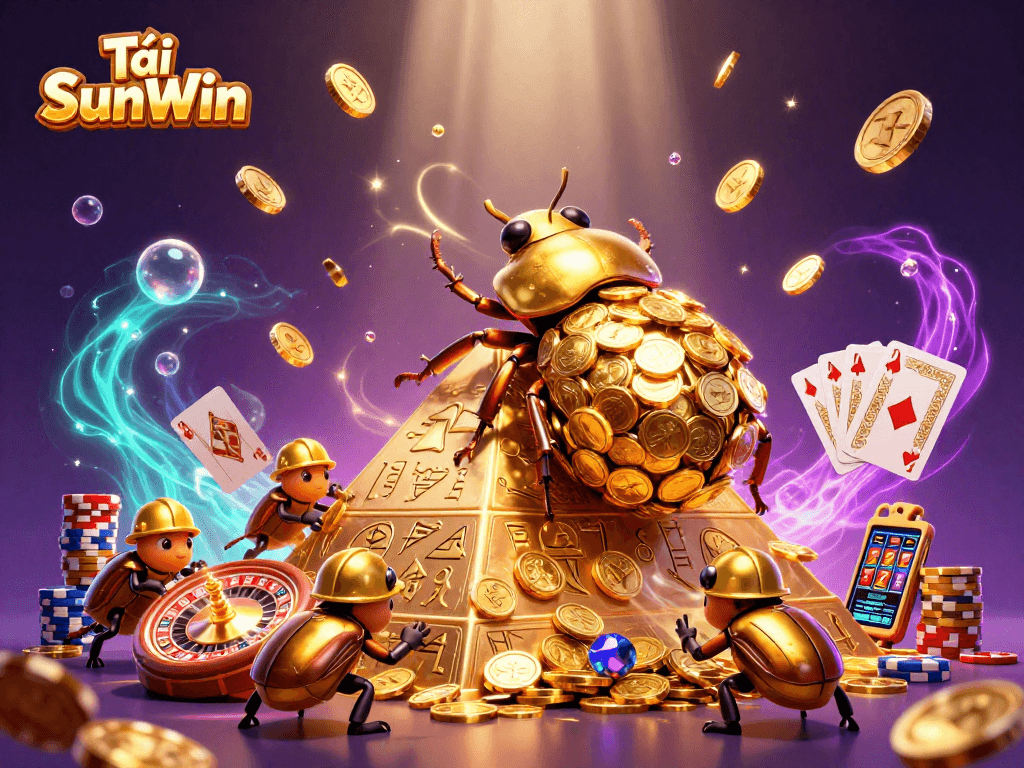 Tải SunWin showcases a golden dung beetle rolling coins amidst vibrant casino elements, enhancing gaming excitement.