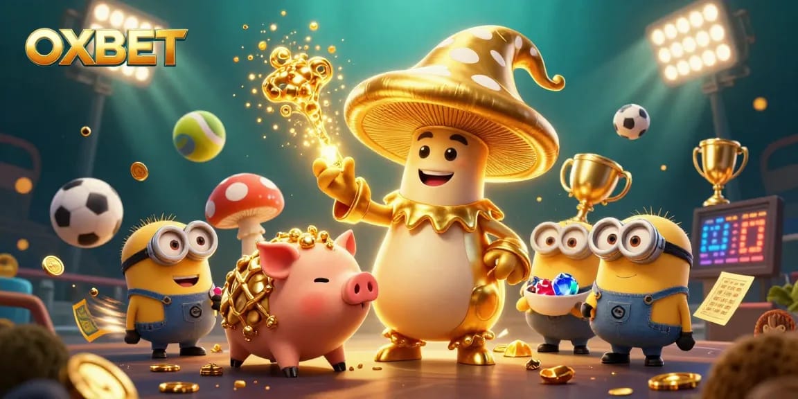 Experience the excitement of OXBET with dynamic sports balls and magical golden treasures in a vibrant casino scene.