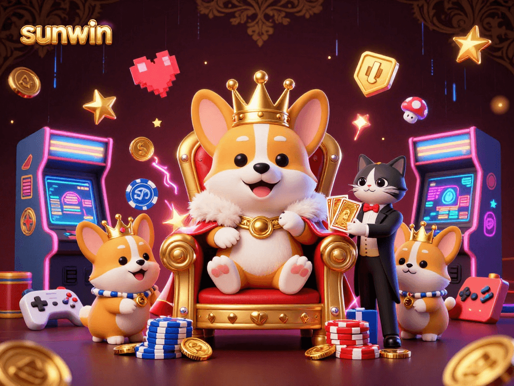 Sunwin's delightful cartoon corgi king rules a vibrant 3D casino kingdom with neon glow elements.
