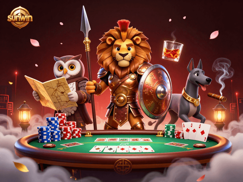 Engage in thrilling poker action with sunwin featuring a Spartan lion and friends.