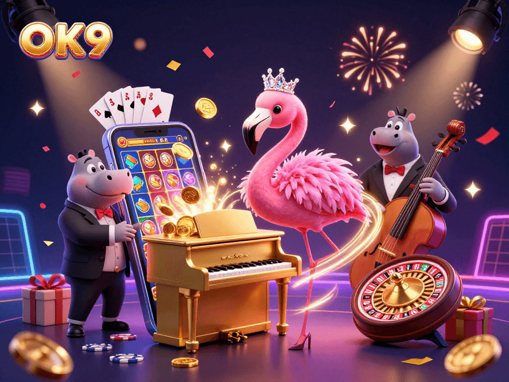 Play slots and win with excitement at O K 9, featuring vibrant characters and casino elements.