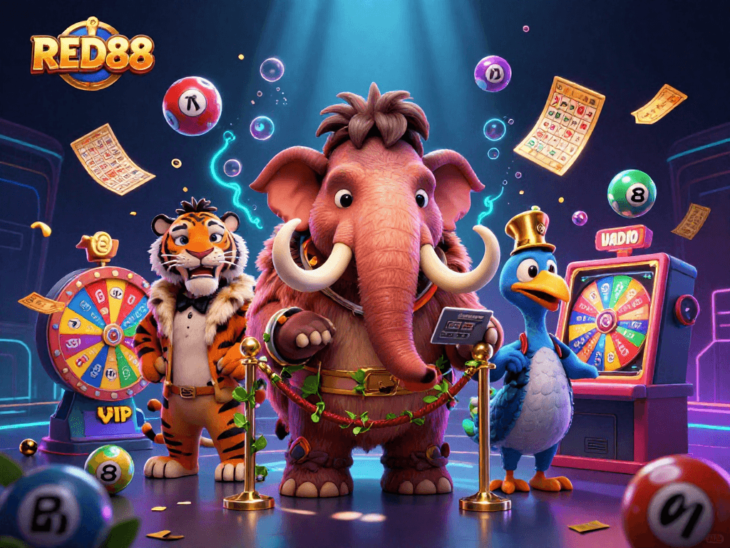 Experience the thrilling entrance of RED88 with a woolly mammoth bouncer, vibrant lottery elements, and a saber-tooth tiger guest.