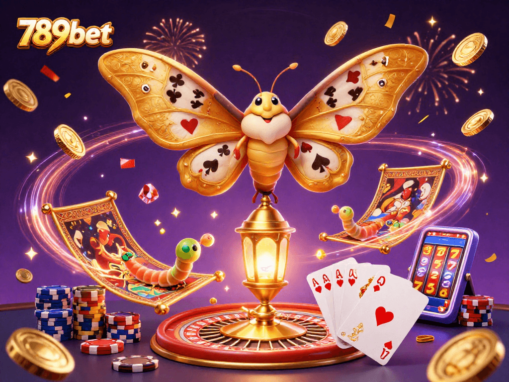 Win big with 789bet in this vibrant casino scene featuring an atlas moth and sparkling casino elements.