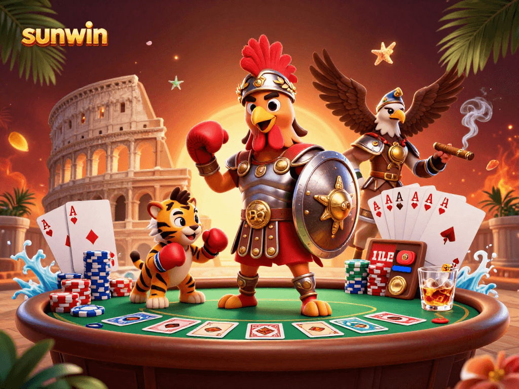 sunwin offers high-stakes poker excitement with 3D gladiator rooster and gambling elements