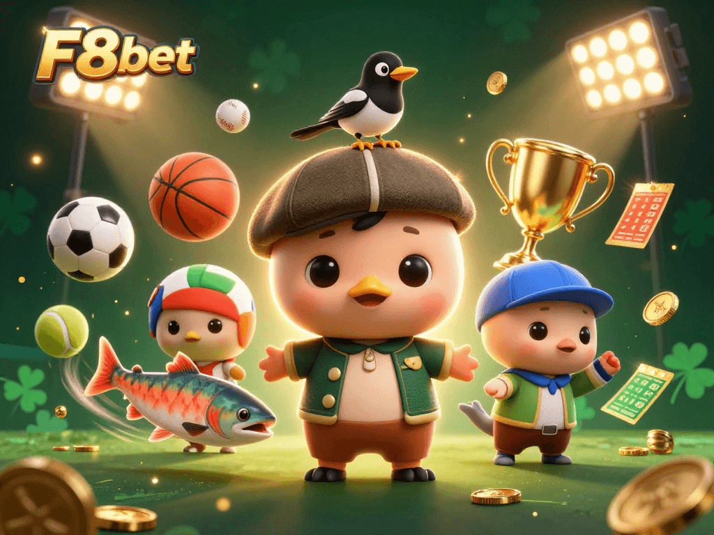 Engage with F8bet in a vibrant 3D casino-themed illustration showcasing sports betting elements.