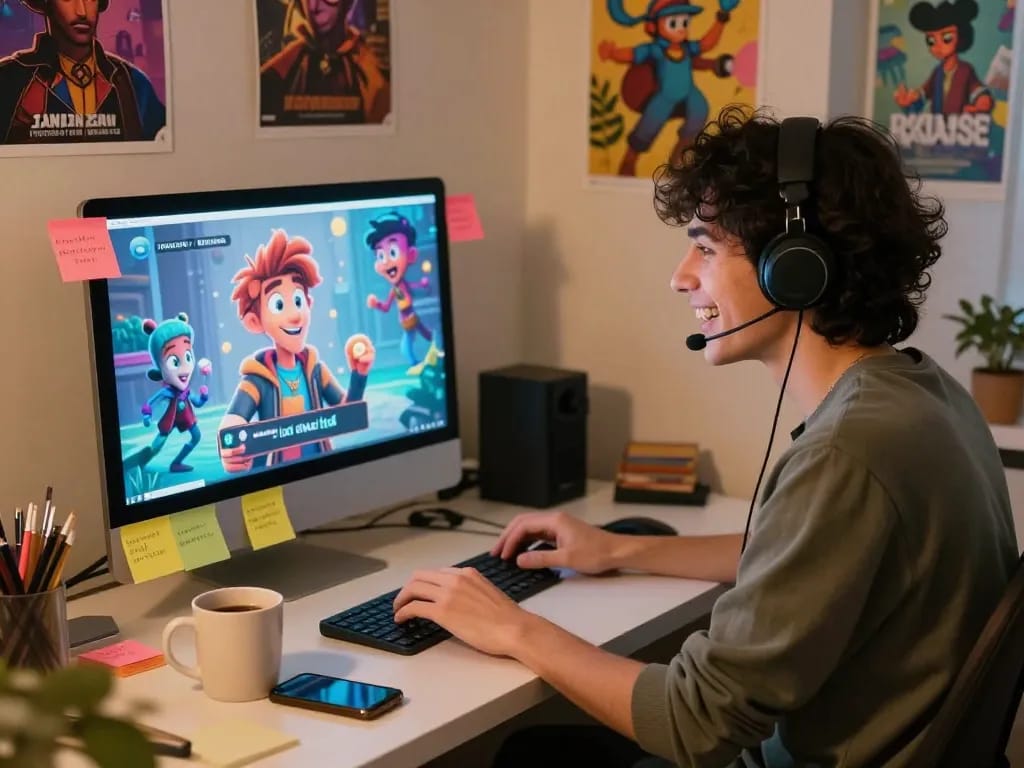 Person engaged in a crush on AI character chat, showcasing emotions in a cozy digital interaction.