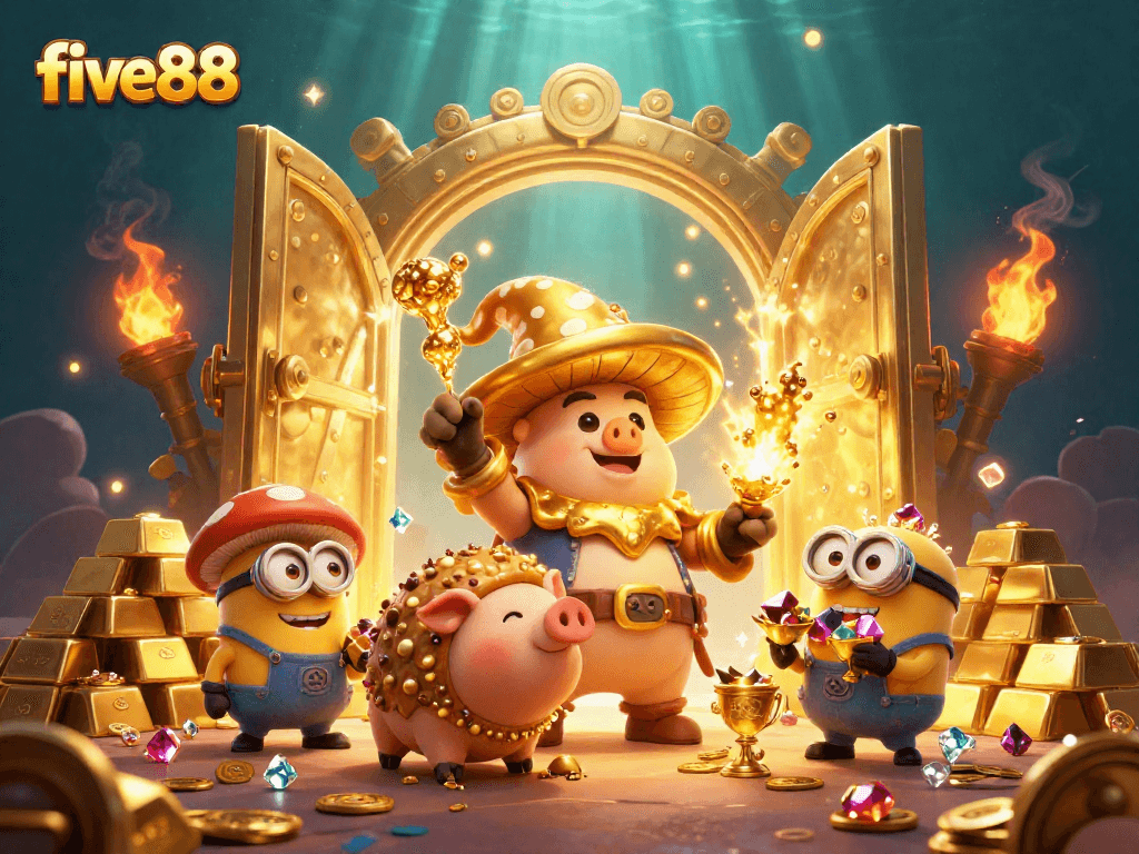 Engage in the magical gaming world of five88 with a golden mushroom wizard and treasure elements.