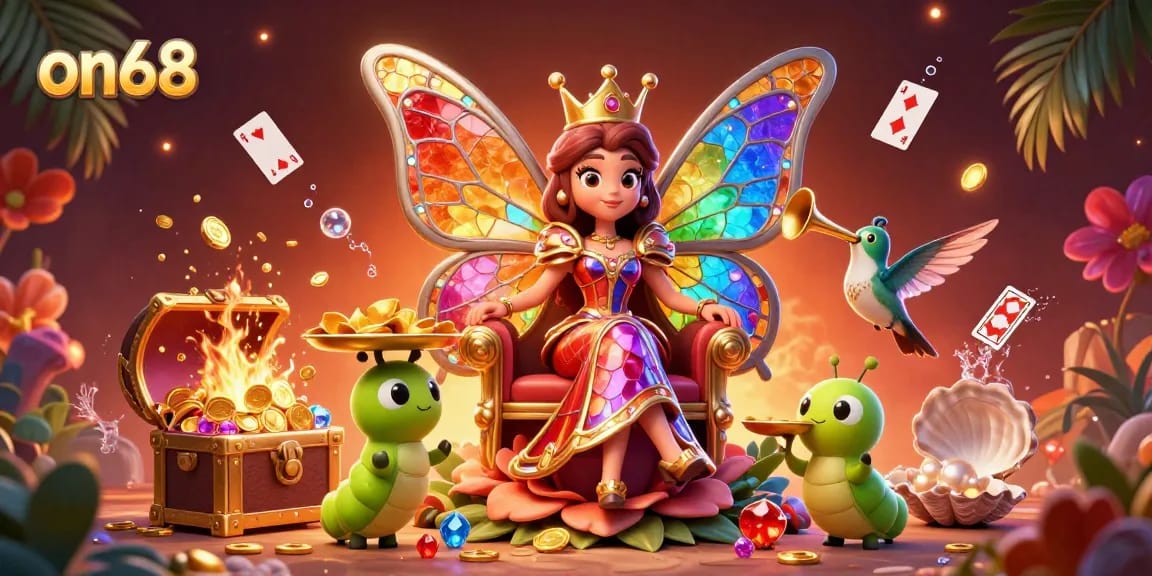 Experience the thrill with on68 as the cartoon butterfly queen and caterpillar servants celebrate casino gains.