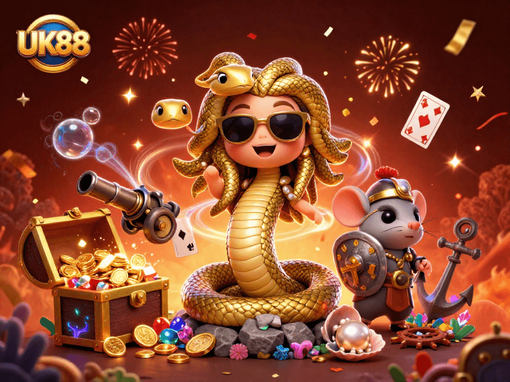 Experience thrilling adventures with UK88's vibrant casino world featuring exciting characters and treasure.