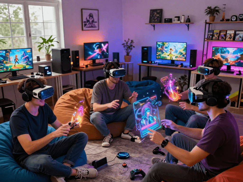 Group gaming in a vibrant setting showcasing ai roleplay with VR headsets and immersive visuals.