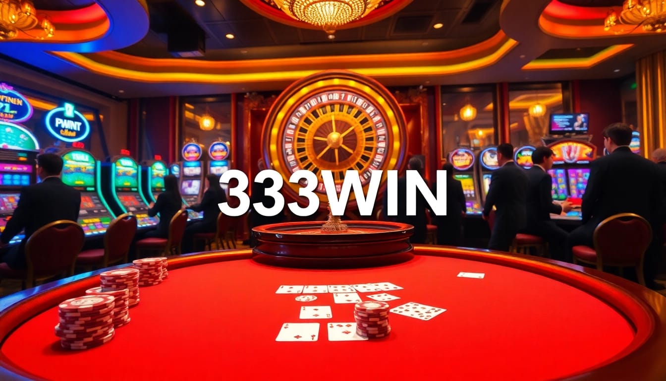33WIN casino scene showcasing a luxury poker table with chips and cards, highlighting the excitement of gambling.