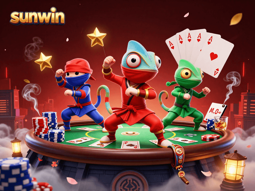 Sunwin showcases a dynamic scene with chameleon ninjas in martial arts poses, surrounded by poker elements.