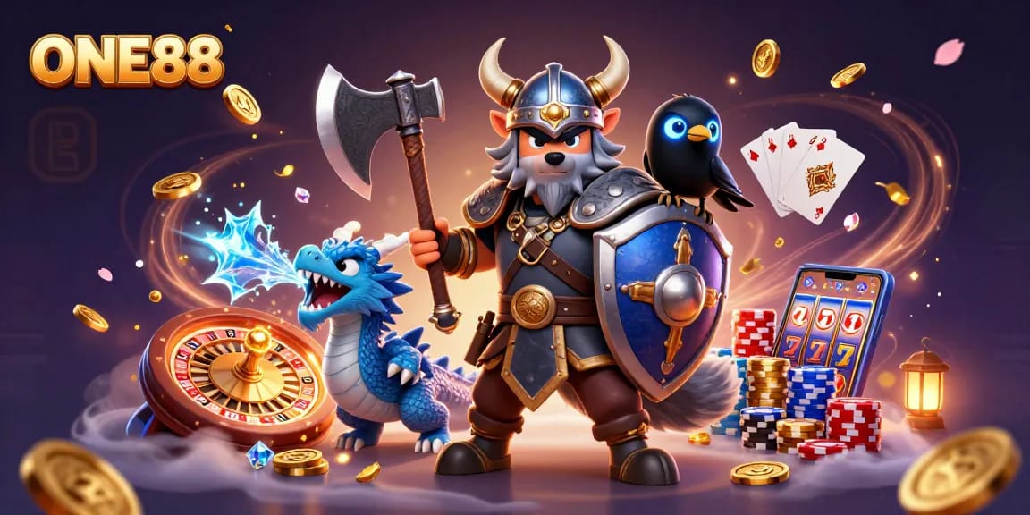 Engage with the thrilling world of ONE88, featuring a Viking wolf warrior and dragon amidst cascading coins and vibrant casino elements.