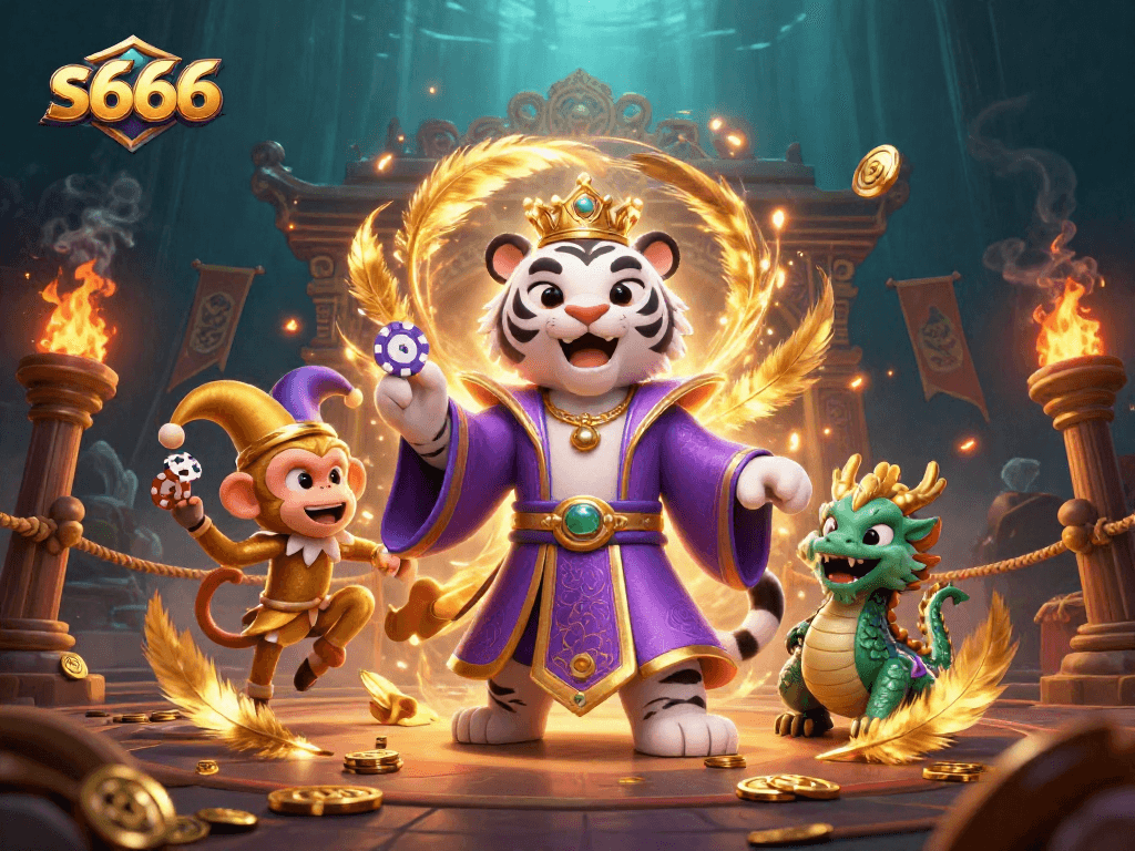 Experience exhilarating betting at s666 with a vivid scene of a tiger, monkey, and dragon in an exciting casino atmosphere.