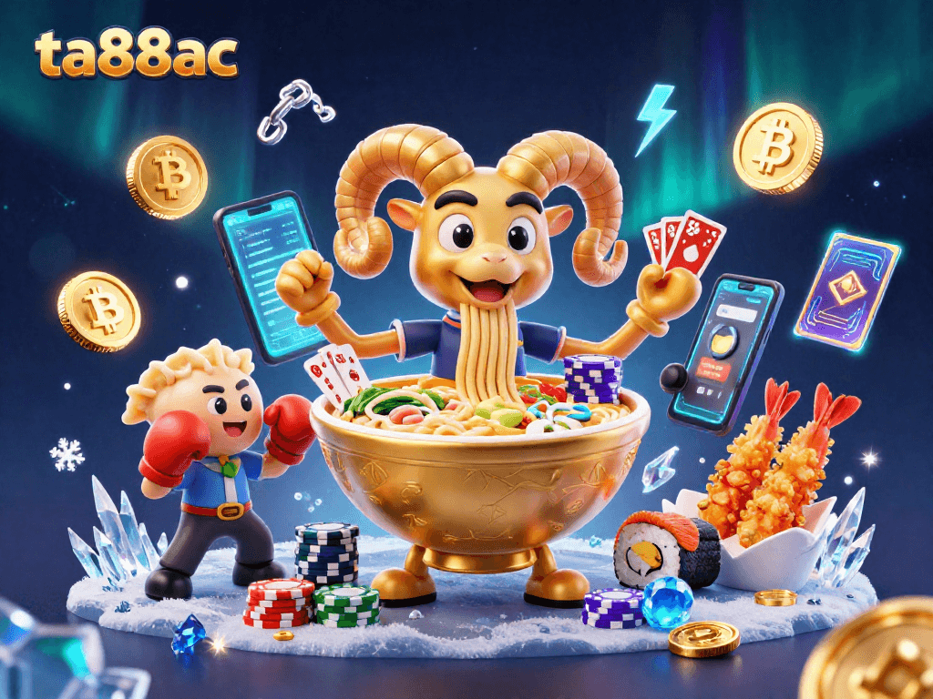 Experience the excitement of ta88ac with a vibrant 3D illustration of a unique casino scene featuring animated food characters.