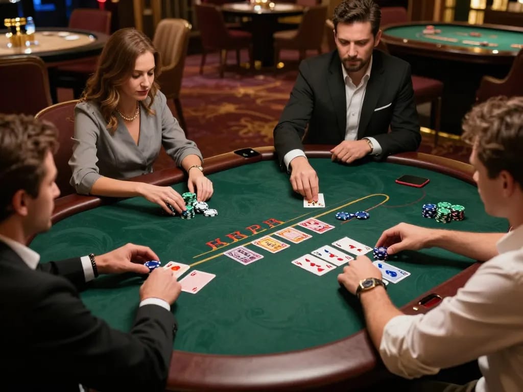 Players at DA88 blackjack table strategizing bets in luxurious casino ambiance