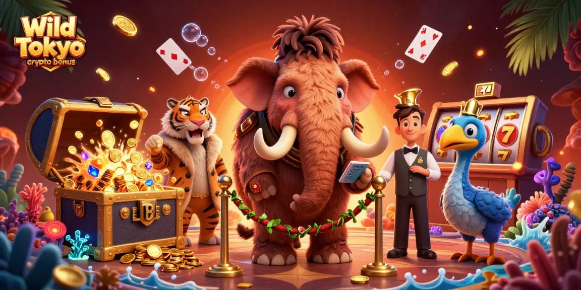 Gioca al Wild Tokyo crypto bonus mentre il mammut gigante controlla gli ID all'ingresso del casinò.