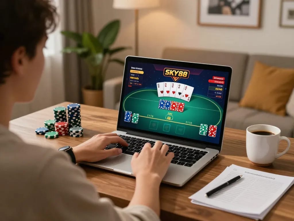 Engaged player using laptop for SKY88 poker game, with strategic notes visible for enhanced gameplay